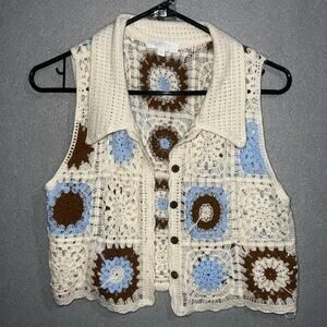 Rebellion Vest Womens Small Knit Boho Collard Crochet Layering Granny